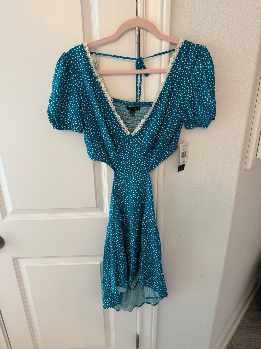 NWT Teal Polka Dot V-Neck Puff Sleeve Dress with Back Cut Out
